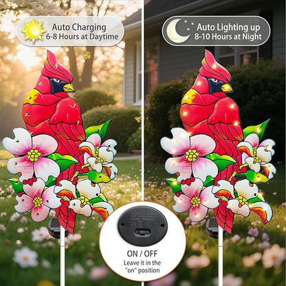 Hexagram Cardinal Garden Decor Yard Stakes, Lighted Metal Red Bird Garden Stakes Set of 2, Cardinal Solar Lights Outdoor Decor, Red Bird Yard Signs for Outside Pathway Lawn Porch Patio