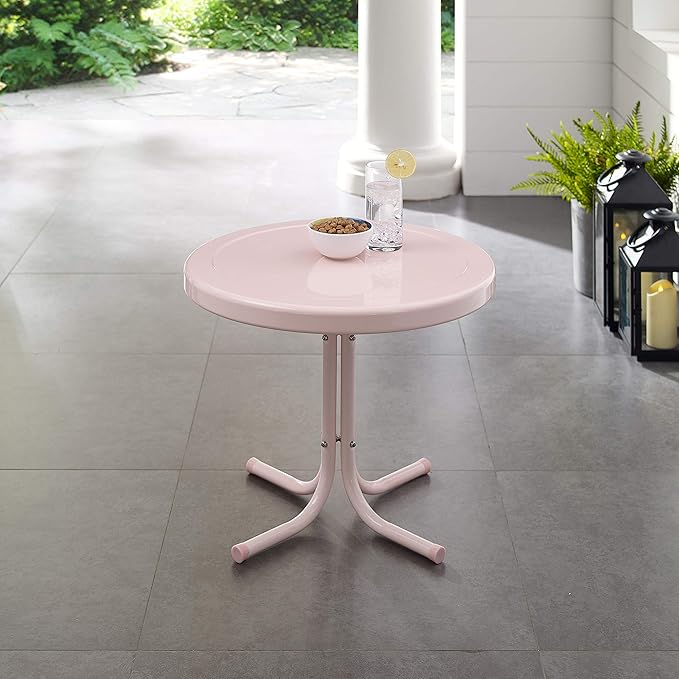Crosley Furniture Griffith Weather Resistant Retro Metal Outdoor Side Table for Patio, Deck, Porch, Pink