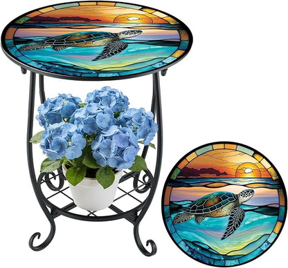 Outdoor Side Table Round Small Mosaic Patio Accent Indoor End Plant Coffee Tea Table for Yard Patio Porch Garden Living Room, Bedroom(Turtle Style,12 Inch)