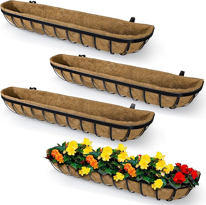 4 Pack 48 Inch Window Deck Railing Planter Boxes with Coconut Liner, Large Hanging Window Flower Boxes Metal Railing Planter for Balcony Fence Porch (4, 48 Inch)