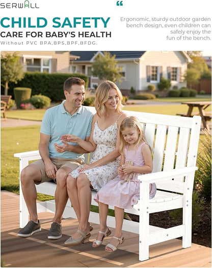 SERWALL Outdoor Bench with Cup Holder, 58" HDPE Garden Park Bench Suitable for 3 Person, All Weather Patio Benches with High Backrest and Wide Armrests for Garden, Park, Yard, Front Porch, White