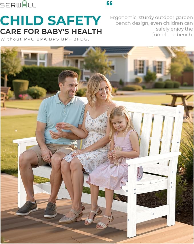 SERWALL Outdoor Bench with Cup Holder, 58" HDPE Garden Park Bench Suitable for 3 Person, All Weather Patio Benches with High Backrest and Wide Armrests for Garden, Park, Yard, Front Porch, White