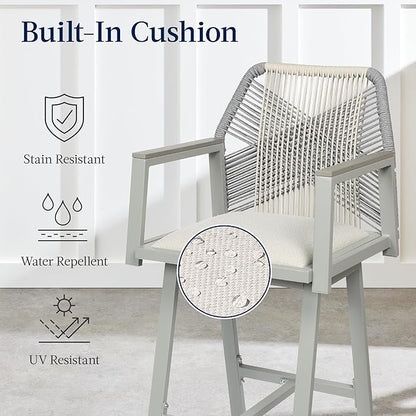Best Choice Products Outdoor Bar Stools Set of 2, Bar Height, 360° Swivel Aluminum Frame, All-Weather Woven Rope Chair Design w/Armrests - Gray/Meteor