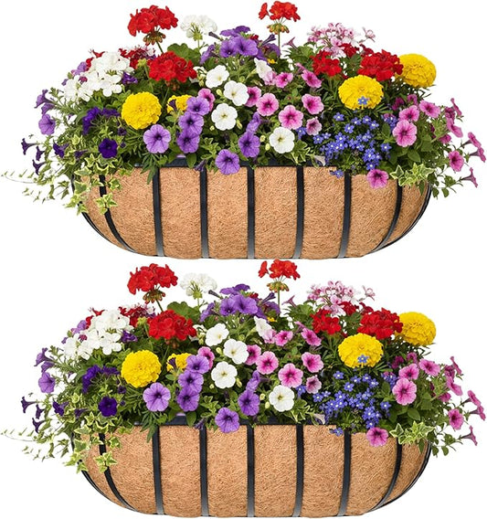 36“ Window Box Railing Planter with Coco Liner Metal Wall-Mounted Coconut Liner Planter Basket English Horse Trough Planters for Outdoor Deck Balcony Porch Fence Patio Black (2 Pack)
