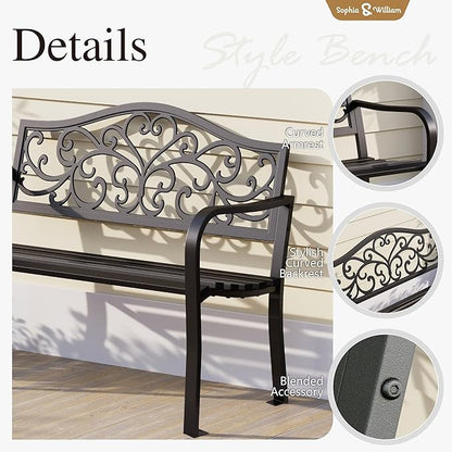 Sophia & William Outdoor Bench, Metal Garden Bench, Cast Iron Park Benches for Outside with Floral Design Backrest, Black