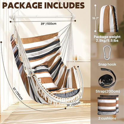Chihee Hammock Chair Hanging Swing Max 500 Lbs 2 Cushions Included Metal Spreader Bar with Anti-Slip Grooves Portable Hanging Chair Side Pocket Large Macrame Bohemian Chair Indoor Outdoor