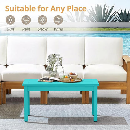 LUE BONA Outdoor Coffee Table Rectangle, 42.5" HDPS Patio Coffee Tables for Outside, All Weather Patio Coffee Table with Slatted Tabletop for Deck, Garden, Balcony, Indoor or Outdoor Use, Aruba Blue