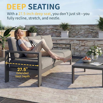 Solaste Aluminum Patio Furniture Set for All Weather, Oversized Metal Outdoor Furniture Set with 27.5" Deep Seating and 3.2" Wide Armrest, Outdoor Patio Sofa with 10" Back Suport Cushion