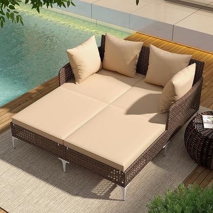 Tangkula Outdoor Rattan Double Daybed, Boho Wicker Chaise Lounge for 2 with Seat & Back Cushions, Outdoor Sunbed Loveseat with Metal Support for Backyard, Poolside & Deck (Brown)