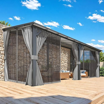 AECOJOY 20' x 8' Outdoor Gazebo Pergola with Curtains and Netting, 8'x20' Large Wall-Mounted Hardtop Lean to Gazebo Shelter Pergolas and Gazebos Clearance with Patio Roof, Heavy Duty Metal Awnings