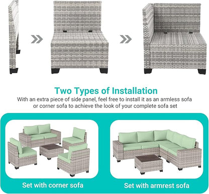 9-Piece Outdoor Patio Furniture Set with Rocking Swivel Chair Wicker Sectional Sofa Set, Patio Conversation Set with Thickened Cushions & Coffee Table for Garden, Backyard, Light Green