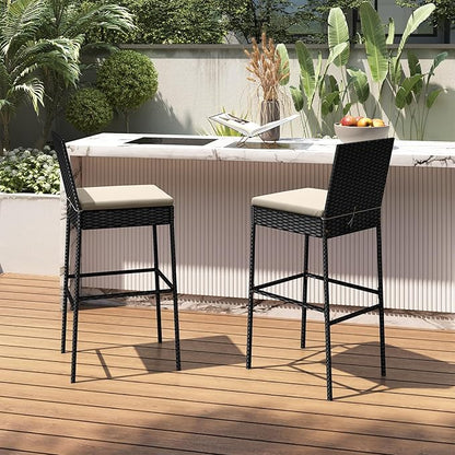 HAPPYGRILL Wicker Patio Barstools Set of 4, Outdoor Rattan Bar Chairs with Footrest & Backrest, Armless High Top Chairs with Seat Cushions for Backyard, Balcony