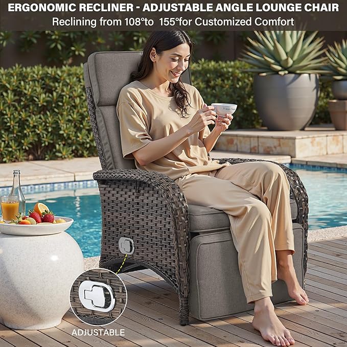 Belord Versatile Outdoor Recliner Chair - Reclining Patio Chair with Adjustable Backrest and Footrest, All-Weather Wicker Chaise Lounge Chair Outdoor for Pool Deck Brown