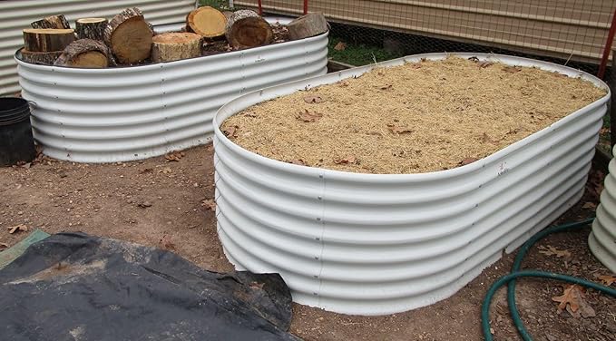 A ANLEOLIFE 4-Set 8X4X2 ft Galvanized Raised Garden Bed Kit, Oval Metal Deep Root Planters for Outdoor Plants, Antique White