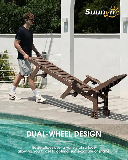 Lounge Chair Outdoor Set of 2, HDPE Chaise Lounge Outdoor with 5-Position & Wheels &Cup Holder, Pool Lounge Chair for Pool Poolside Deck Backyard Patio, Brown