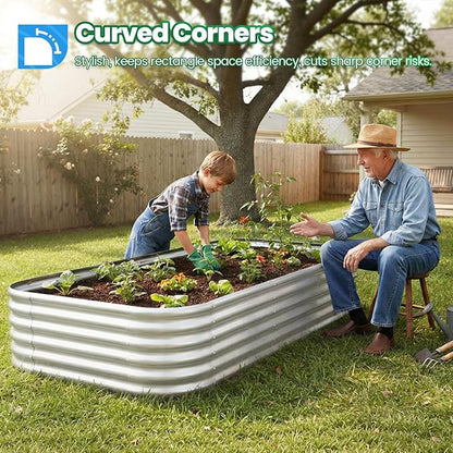 Quictent Raised Garden Bed Kit Oval Galvanized Metal Planter Box Tall for Vegetables Outdoor Backyard, Strengthened by Crossbar, Silver 8x4x1.5 ft