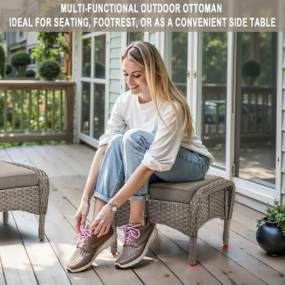 Belord Outdoor Ottomans for Patio Foot Rest - 25 Inch PE Wicker Foot Stool Set of 2 with Removable Cushions for Patio Furniture Sets,All Weather Rattan Ottoman for Balcony Deck Backyard Brown