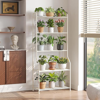 5-Tier Corner Plant Stand, Metal Black Flower Pot Rack, Indoor Outdoor Heavy Duty Shelf (Cream, 5 Tier)