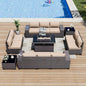 ALAULM 13 Pieces Patio Furniture Set with Propane Fire Pit Table Patio Sectional Sofa 43" Gas Fire Pit Brown PE Rattan Patio Conversation Set w/10 Seat Cushions-Sand