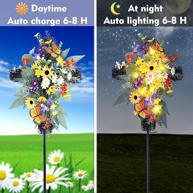Solar Flower Cross Garden Stake Lights - Waterproof Grave Decorations for Cemetery, Memorial Cross with LED Lights, Sympathy Gift for Grandma, Outdoor Garden, Yard, Lawn Decor