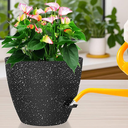 12 Inch Large Self Watering Pots, Flower Pots with Multi-Mesh Drainage Holes and Saucer, Planters for Indoor and Outdoor Garden Plants (Speckled Black)