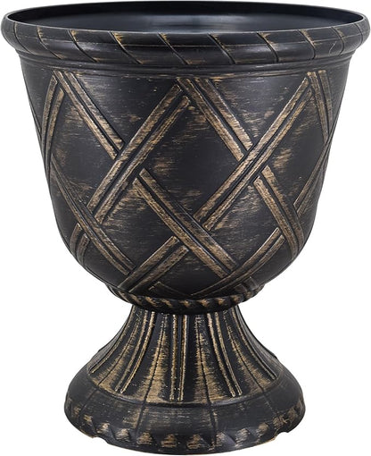 Arcadia Garden Products PL61GD Lattice Plastic Garden Urn, Classic Decorative Garden Pot Planter for Indoor and Outdoor Plants, Gold