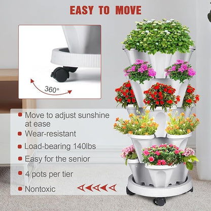 Vertical Strawberry Planter-5 Tier Stackable Herb Tower Planters Stacking Garden Planters Pot Outdoor with Tools Removable Wheels for Growing Flowers, Vegetables and Succulents
