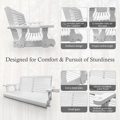 Wooden Porch Swing 2-Seater, Bench Swing with Cupholders, Hanging Chains and 7mm Springs, Heavy Duty 800 LBS, for Outdoor Patio Garden, Pure White, 4 FT Extra Large