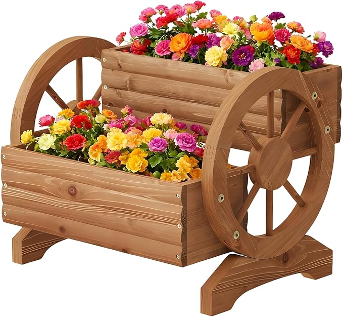 Wooden Wagon Planter Outdoor Flower Cart with Wheels Garden Planter, Decor Planter for Patio Balcony Decoration Succulent Flower Pot for Indoor Backyard Balcon Yard Decor planters (Brown)