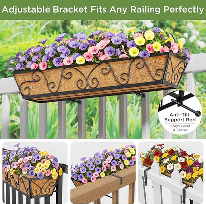 6pcs 30 Inch Window Deck with Coco Liner, 30" Window Boxes Horse Trough with Coconut Coir Liner, Metal Hanging Flower Planter Window Basket Deck Railing Planter Boxes for Outdoor Indoor Lawn