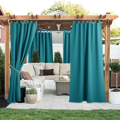 NICETOWN 2 Panels Peacock Teal Patio Curtainss Outdoor Waterproof with Self-Adhesive Tab Top, Thermal Insulated Heat & Cold Blocking Outdoor Curtainss for Easy Hanging & Sliding, W52 x L84