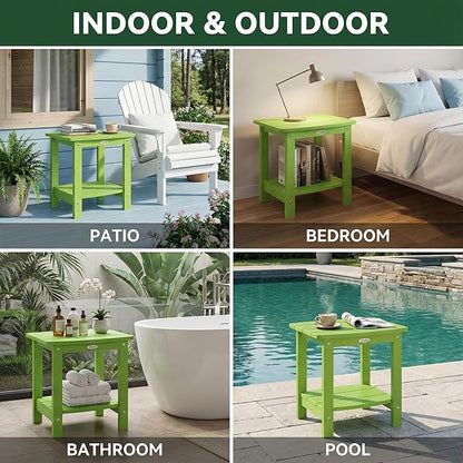 Y&M Outdoor Side Table, HIPS Adirondack Small Double Layer Table, Waterproof Square Outside Table, Balcony End Tables for Patio, Pool, Porch, Deck, Indoor or Outdoor Use, Lime