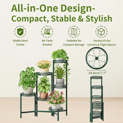 Metal Plant Stands Indoor Outdoor, 6 Tier Plant Stand Corner Plant Shelf, Folding Tall Plant Rack, Heavy Duty Iron Flower Display Holder Stand for Living Room Patio Porch Balcony - GreenFlower