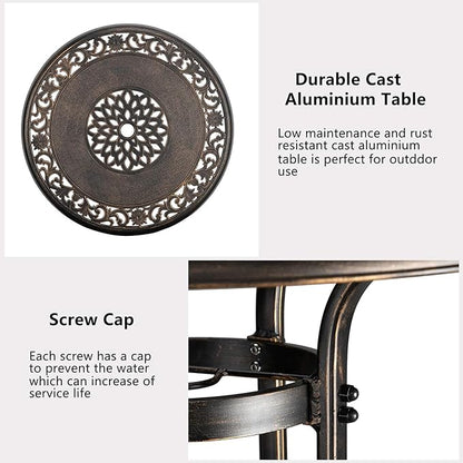 VINGLI 3 Piece Outdoor Bar Set, Cast Aluminum Outdoor Swivel Bar Stools and Table w/Umberlla Hole, All-Weather Outdoor Bar Table and Chairs Set w/Cushions for Patio Balcony(Elizabethan Back)