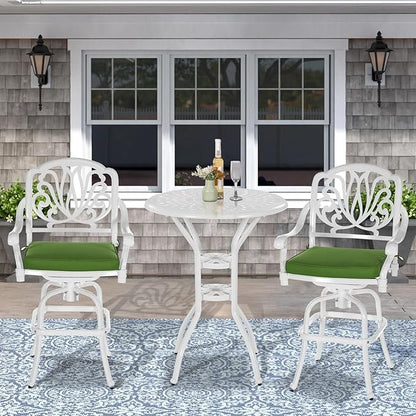 VIVIJASON 3-Piece Patio Swivel Bar Stools Set, All Weather Cast Aluminum Outdoor Bar Height Bistro Set with 2 Cushioned Bar Chairs & 31" High Bar Table w/Umbrella Hole for Backyard, Lawn, White