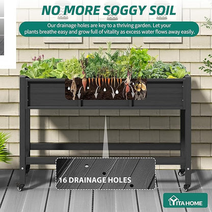 YITAHOME Raised Garden Bed HDPE, 47x18x31 in Raised Planter Box with Legs Poly-Wood Weather-Resistant Elevated Planter Box with Lockable Wheels for Vegetables, Herb Garden Bed, Black
