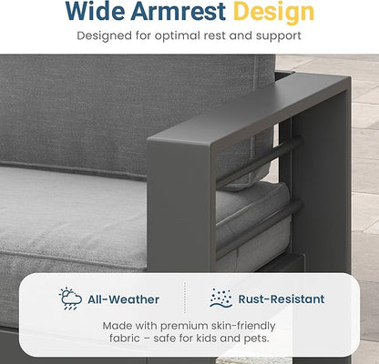 Solaste Aluminum Outdoor Patio Furniture Set, 7 Seats Patio Sectional Sofa with 5" Thick Cushion, Outdoor Patio Set with Coffee Table for Porch, Backyard, Deck, Yard, Grey