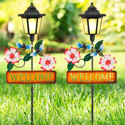 Lewondr Solar Garden Lights Bee, 37.4 Inch Solar Lamp Post Light with Welcome Sign & Bees, Outdoor Waterproof Solar Stake Lights for Yard Porch Patio Pathway Gardening Gifts, 2 Pack