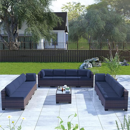 Kullavik 14 Pieces Outdoor Patio Furniture Set PE Wicker Rattan Sectional Sofa Patio Conversation Sets,Navy Blue