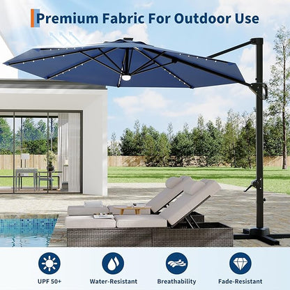 Garvee 10 ft Cantilever Patio Umbrella with Solar Lights, 360° Rotation Offset Umbrella, Easy Crank & Tilt Adjustment, UV Protection for Backyard, Poolside, Deck -Navy Blue