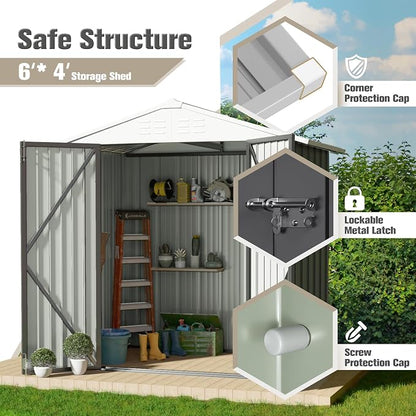 Storage Shed 6 x 4 FT Galvanized Steel with Lockable Door, Gray