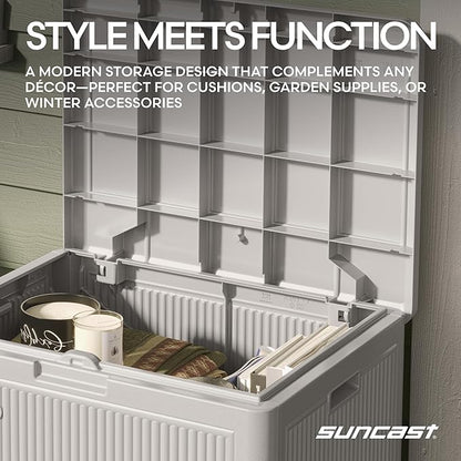 Suncast 22-Gal. Resin Small Outdoor Patio Deck Box with Reeded Design, Modern Outdoor Patio Bench/Storage Box for Cushions, Garden Tools, and More, French Gray