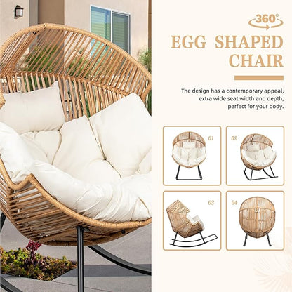 Vongrasig Wicker Egg Chair PE Rattan Rocking Chair with Cushion, Oversized Patio Lounge Rocker Chair for Outdoor, Indoor, Balcony, Backyard, Garden, Beige