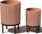 Veradek Demi Series Round Planter w/Stand for Porch/Patio | Durable Plastic-Stone Composite & Wooden Stand | Modern Décor for Tall Plants, Flowers