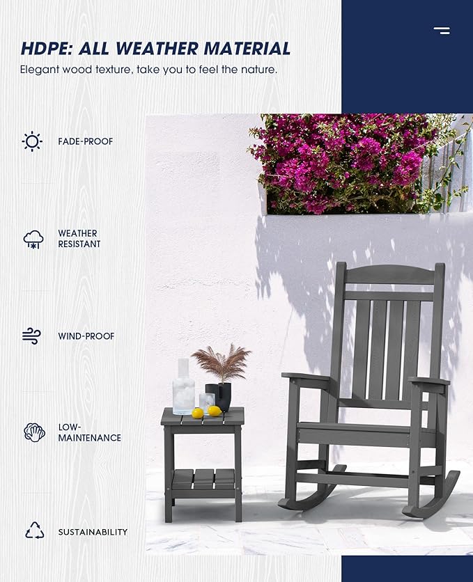 HDPE Rocking Chairs, Set of 2 in Grey, Weather-Resistant Outdoor Patio Seating