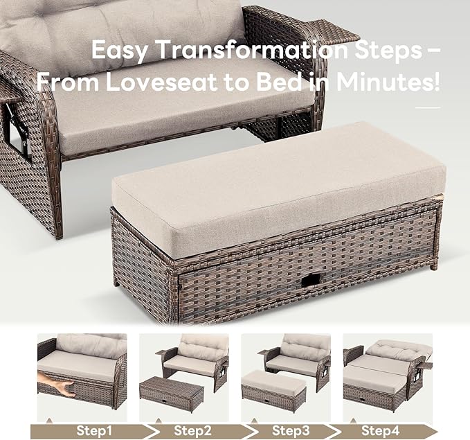 Belord Patio Furniture Set - 6-Piece Wicker Loveseat Outdoor Daybed Furniture Set with Recliner Lounge Chairs Set of 2 and Side Table, All-Weather Outdoor Patio Conversation Set for Deck Pool Backyard