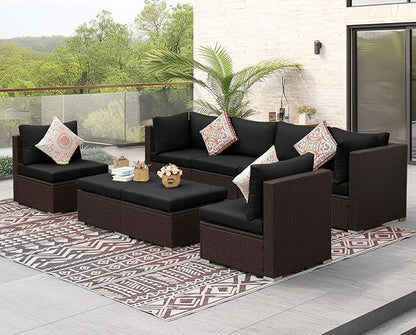 NICESOUL 8 Seater Modern Backyard Furniture Set, 29.3'' High Back Luxury Comfy Brown Wicker Patio Conversation Set with Ottoman, Deep and Wide Sofa Sectional for Exteriors, Dark Brown & Grey