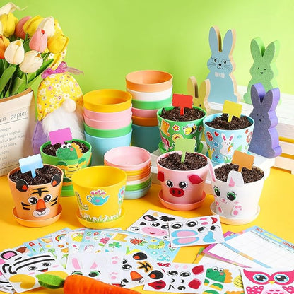 Capoda 24 Sets Garden Flower Pots Crafts Kit DIY Spring Plastic Seedling Nursery Pots with Stickers Plant Labels Growth Charts Planting Growing Tools Classroom Activities Project Gifts (Colorful)