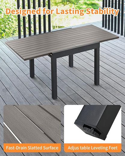 5 Pieces Outdoor Dining Set, Never-Rust Aluminum Expandable Patio Dining Table Set, 32"-65" Extendable Patio Table and Stackable Textilene Dining Chairs for Backyard, Deck, Indoor, Limed Oak