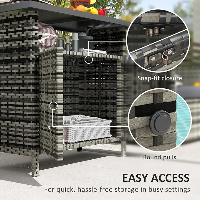 Outsunny Wicker Outdoor Storage Cabinet, Rattan Outdoor Bar Table with 2 Doors and Shelf, Outdoor Buffet Cabinet Sideboard with Metal Slatted Countertop for Poolside, Patio, Backyard, Mixed Gray